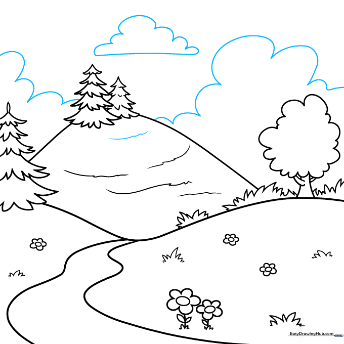 Finalizing the drawing by adding fluffy clouds to the sky.
