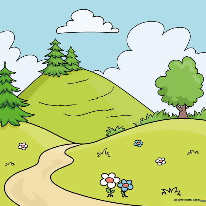 Completed and colored hill landscape drawing.