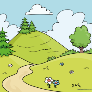 A vibrant, finished landscape drawing featuring rolling hills, trees, a stream, and flowers.