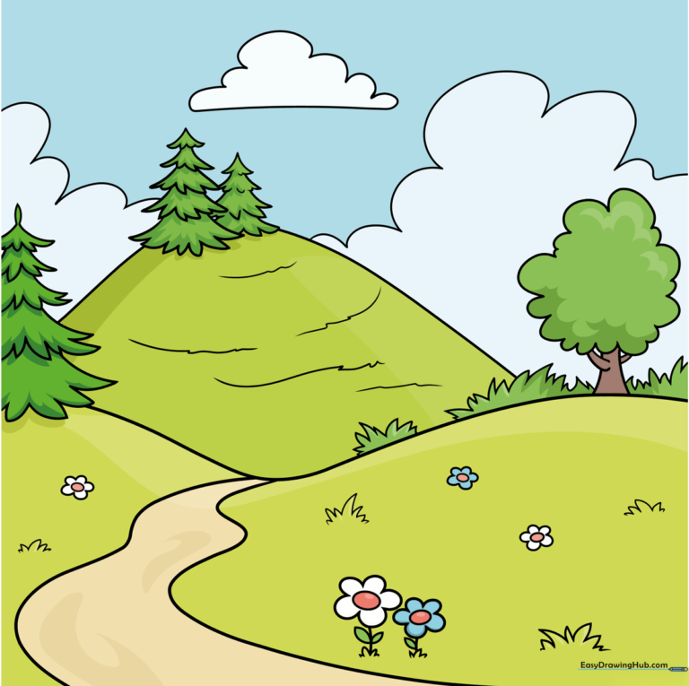 A vibrant, finished landscape drawing featuring rolling hills, trees, a stream, and flowers.