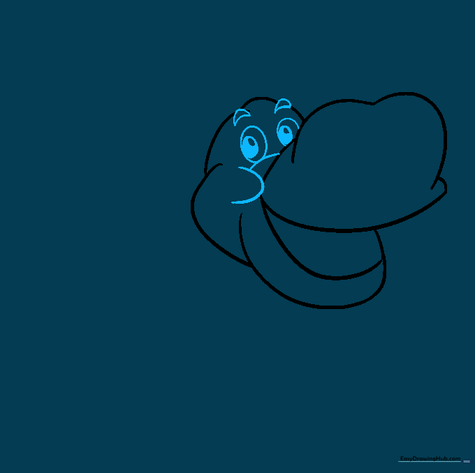 Adding detailed eyes with pupils and a curved cheek line to the hippo's face.