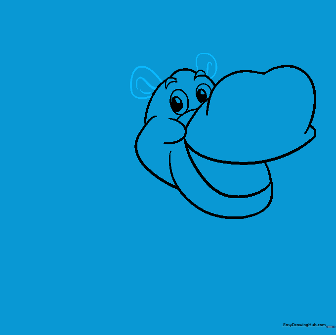 Drawing two small, rounded ears on the top sides of the hippo's head.