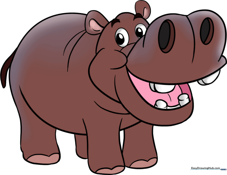 A vibrant, finished drawing of a cute hippo, perfect for kids to emulate.