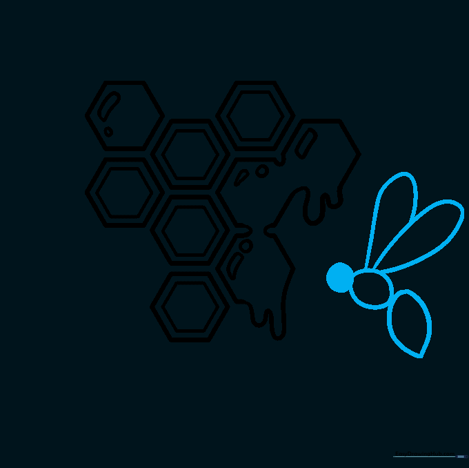 A cartoon bee being sketched near the honeycomb cells.