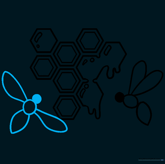 Two cartoon bees interacting with the honeycomb.