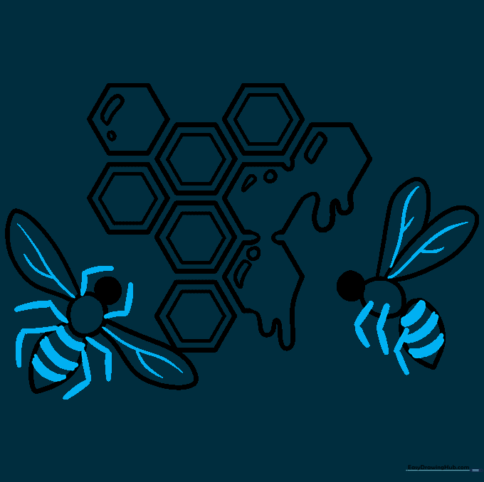 Detailed cartoon bees with stripes, wings, and legs.