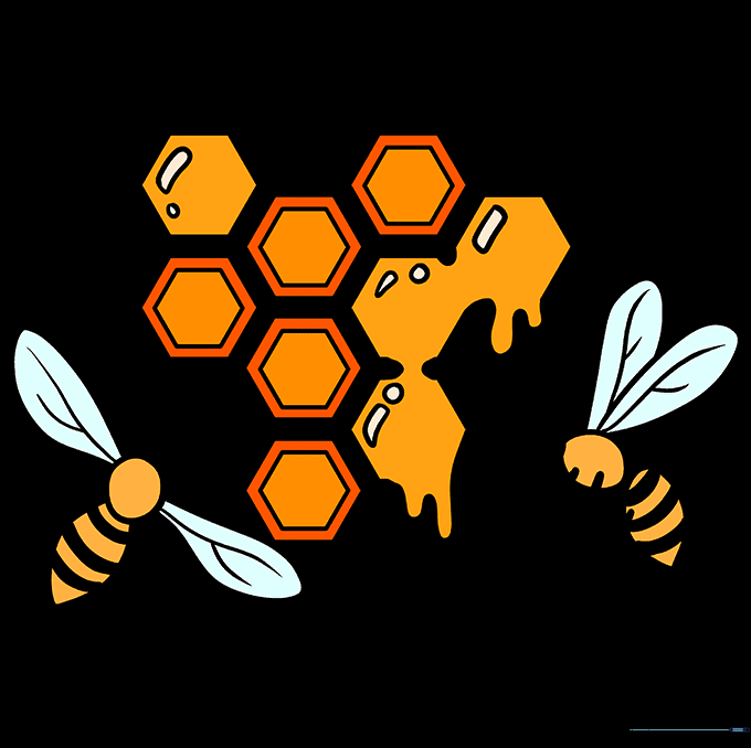 Completed honeycomb drawing colored with yellow, orange, and black.