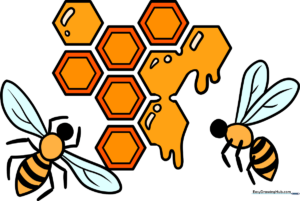 A colorful, finished drawing of a honeycomb with two cute cartoon bees.