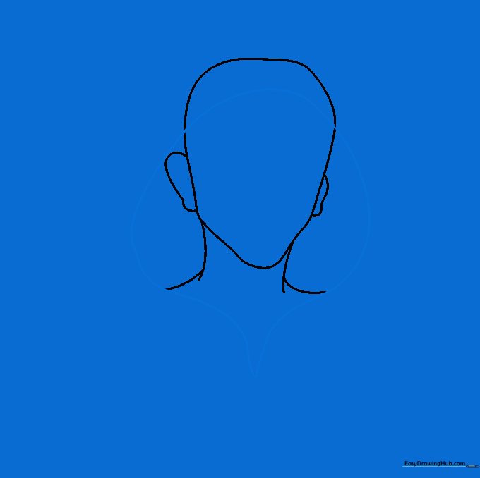 Sketch of an inverted teardrop shape overlaid on the head to define the hood opening.