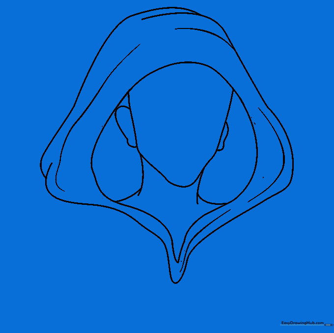 Detailed facial features including eyes, nose, and mouth drawn inside the hood opening.