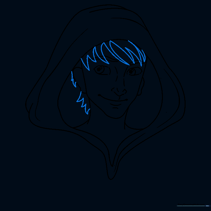 Hair strands added around the forehead and neck area using pointed curved lines.