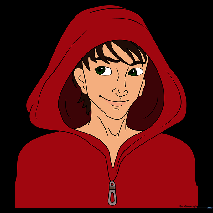 Finished, colored illustration of a character wearing a hood.