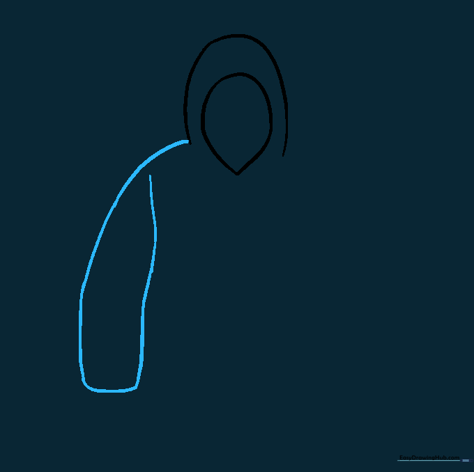 Drawing the first sleeve extending from the side of the hoodie hood.