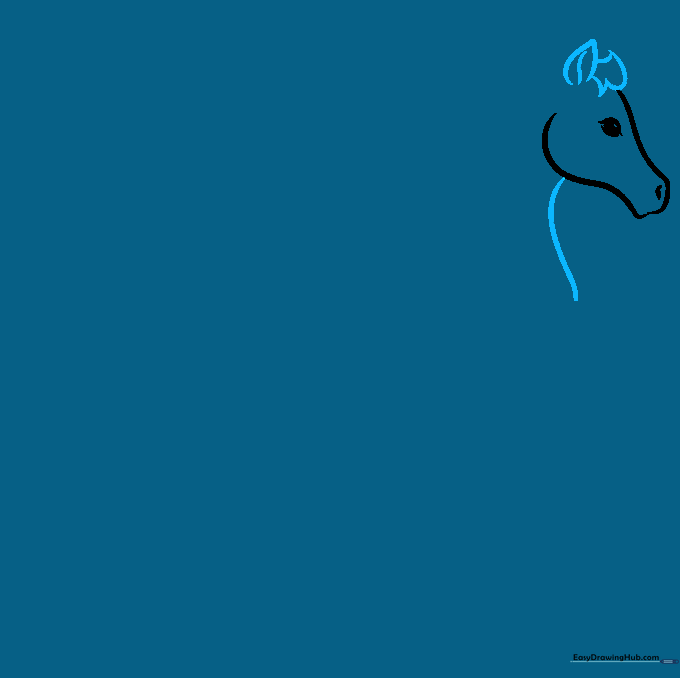 Drawing the horse's ear and initial mane section using curved lines on the top of the head.