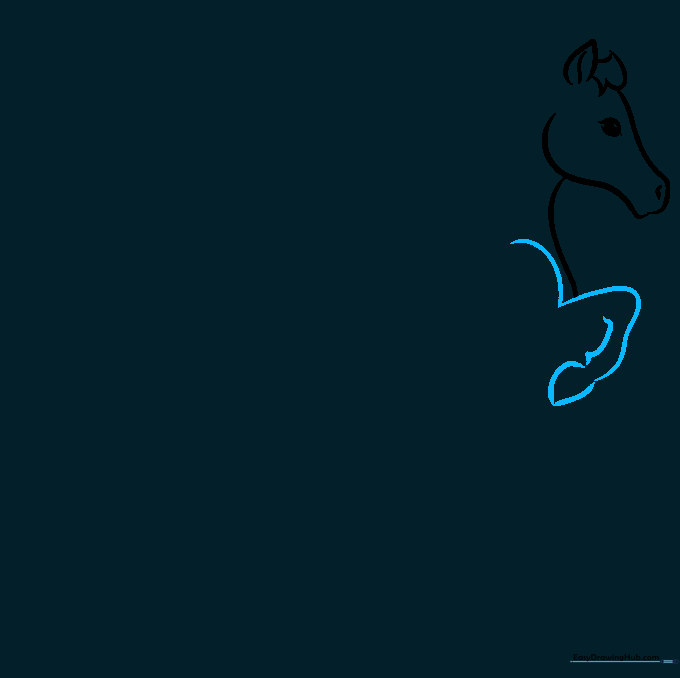 Sketching the horse's front leg, emphasizing the shoulder curve and the hoof shape.