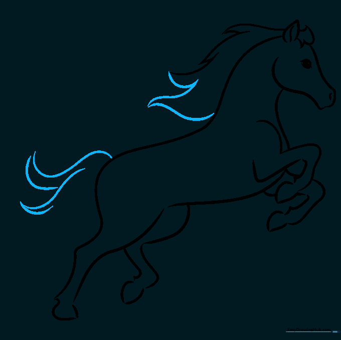 Adding a long, flowing tail to the horse using tapered curved lines.