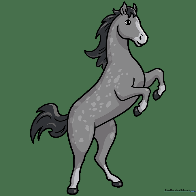 A finished, colored drawing of a rearing horse with a dappled coat.