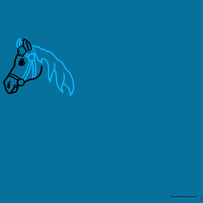 Drawing the horse's ears and completing the bridle structure with curved lines.
