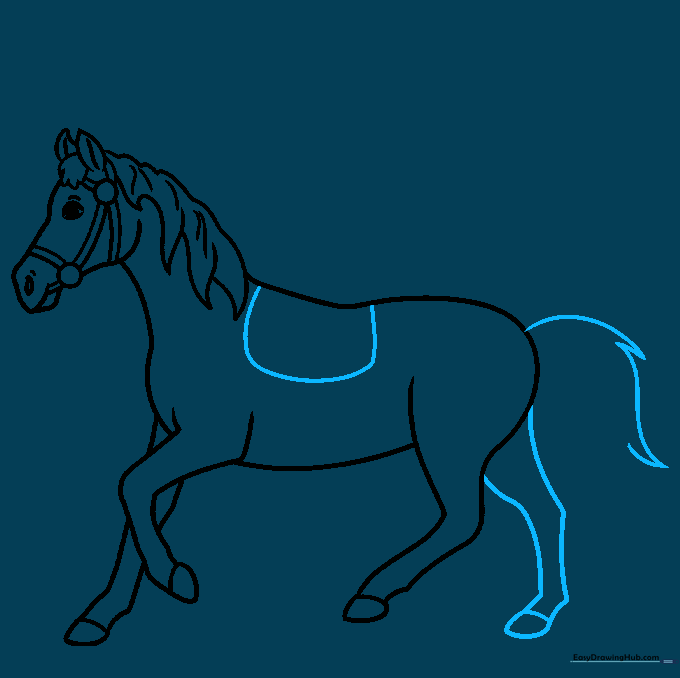 Adding the tail and the initial shape of the saddle on the horse's back.