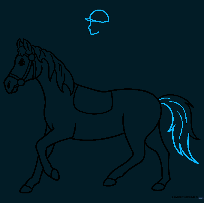Sketching the rider's head and hat profile sitting atop the horse.