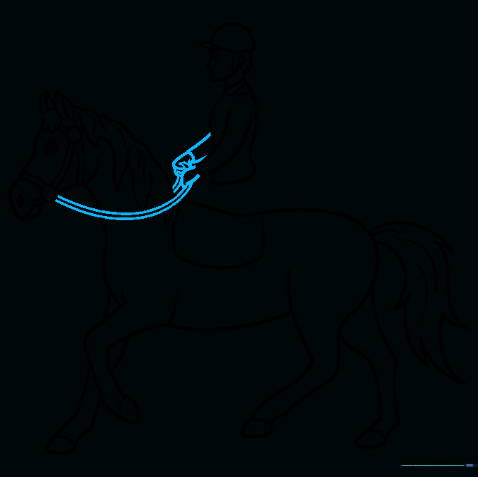 Detailed sketch of the rider's hands holding the reins connected to the horse.