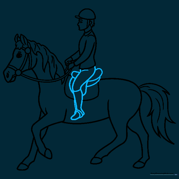 Finalizing the rider's legs, boots, and the intricate details of the English saddle.