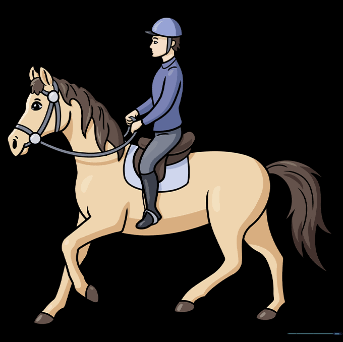 A fully colored, vibrant cartoon illustration of a horse and rider.