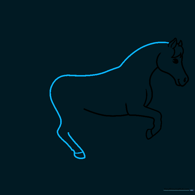 Outlining the horse's back and completing the front hooves.