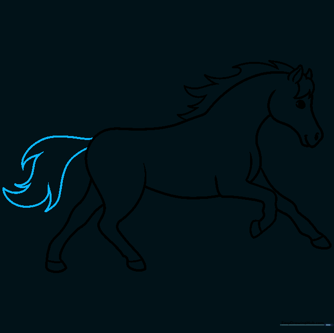 Sketching a long, flowing tail for the running horse.