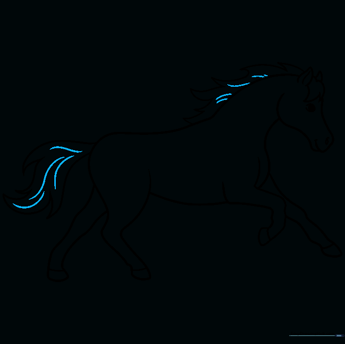 Finalizing the horse drawing with bold outlines and hair texture.