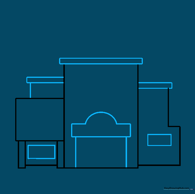 Adding flat roof rectangles and a central doorway to the hospital sketch.
