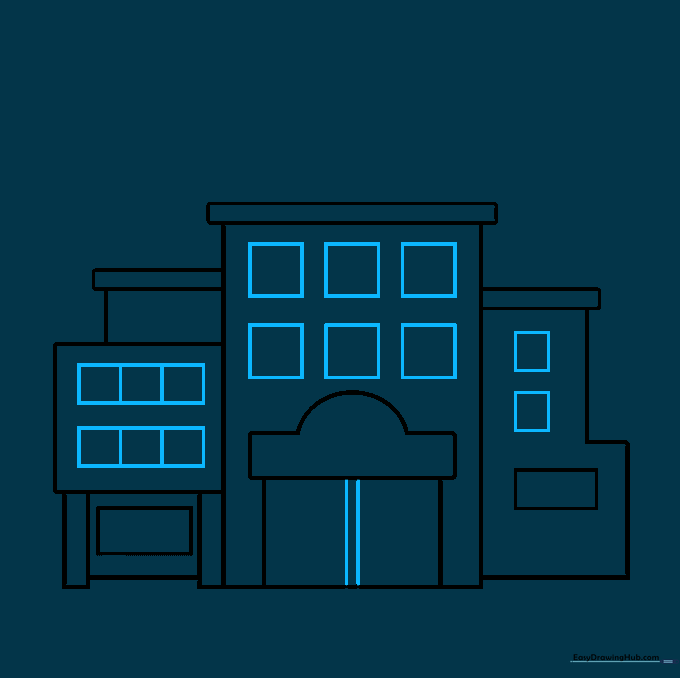 Detailing the hospital facade with square windows and double doors.