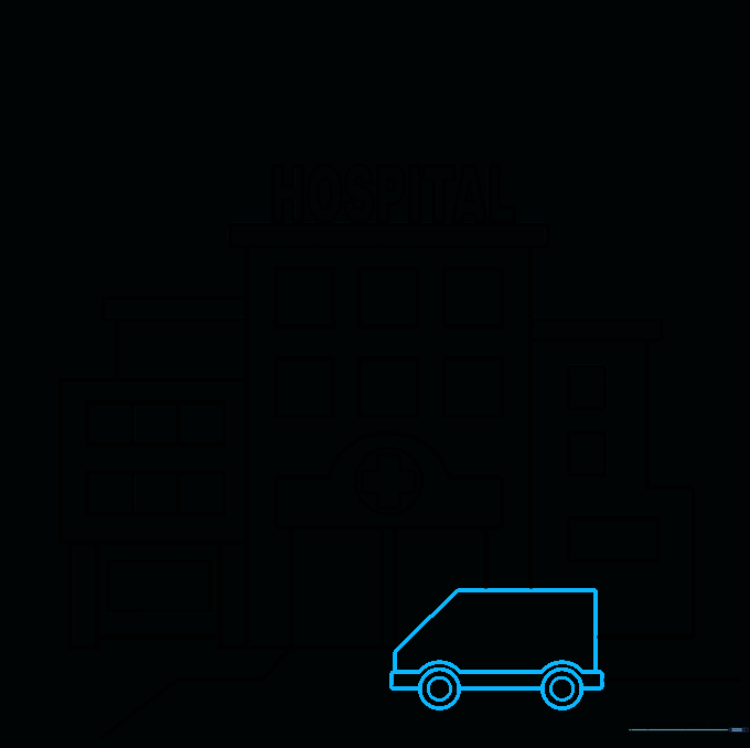 Drawing the basic shape of an ambulance with wheels in front of the hospital.