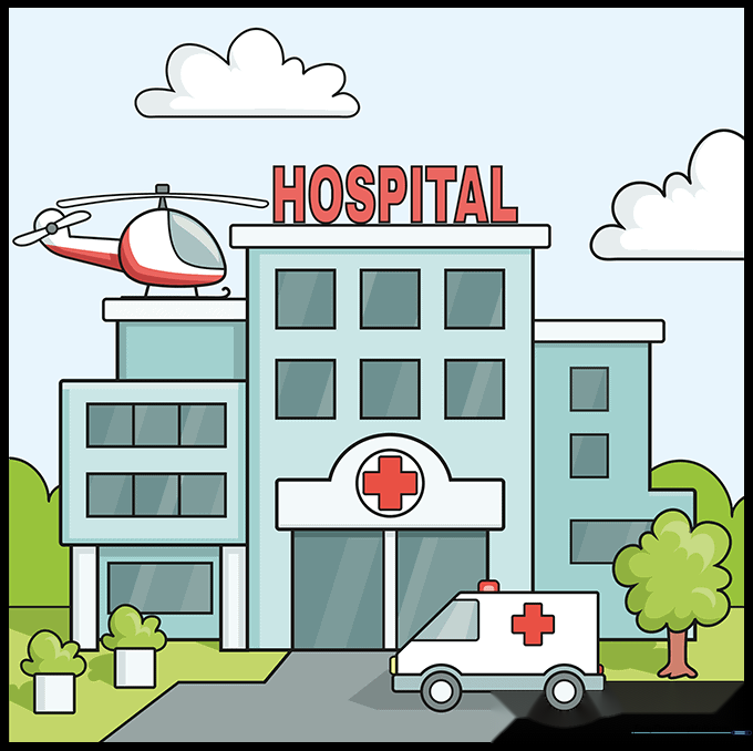 A fully colored cartoon hospital drawing with an ambulance and helicopter.