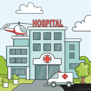 A colorful, finished drawing of a hospital building, ambulance, and helicopter.