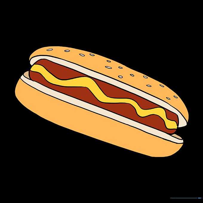 The completed hot dog drawing fully colored with brown bun, reddish-brown sausage, and yellow mustard.