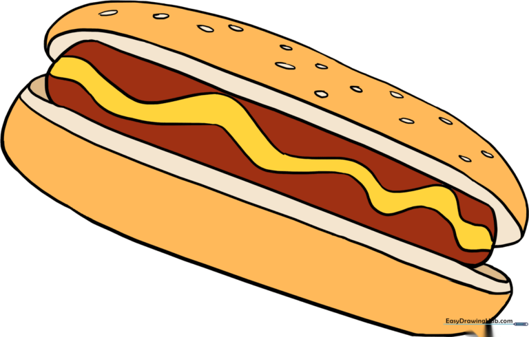 A colorful, finished illustration of a hot dog in a bun with mustard, ready for a drawing lesson.
