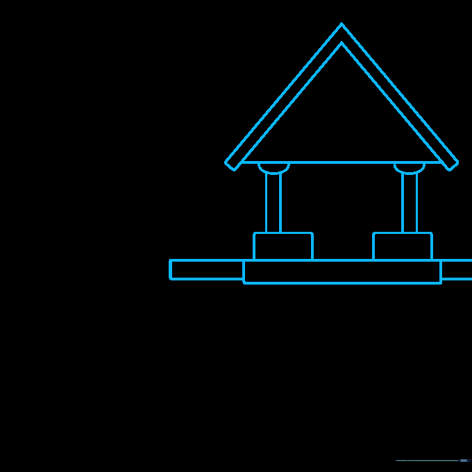 Pencil sketch showing a triangular roof and two column bases for a house drawing.