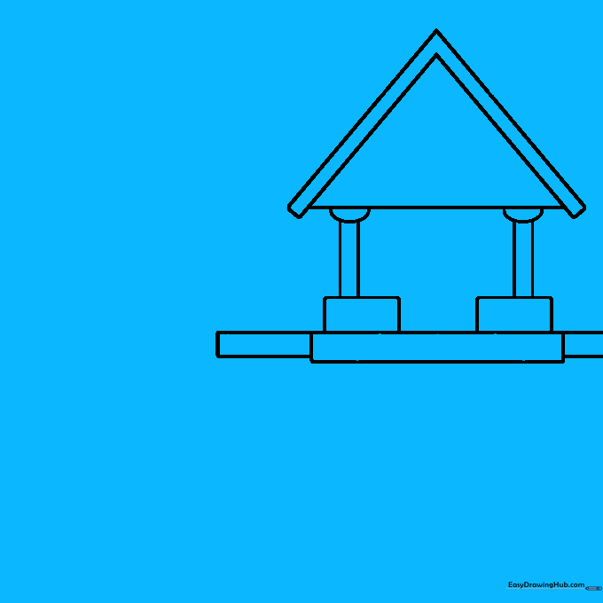Drawing the main rectangular body of the house with arched windows and porch steps.