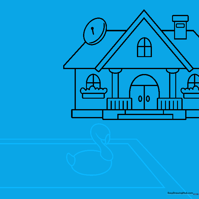 Sketching a rectangular swimming pool with a flamingo-shaped float inside.