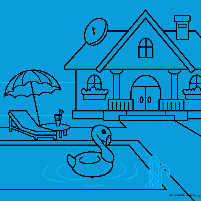 Drawing a pool ladder, water ripples, and the beginning of a backyard fence.