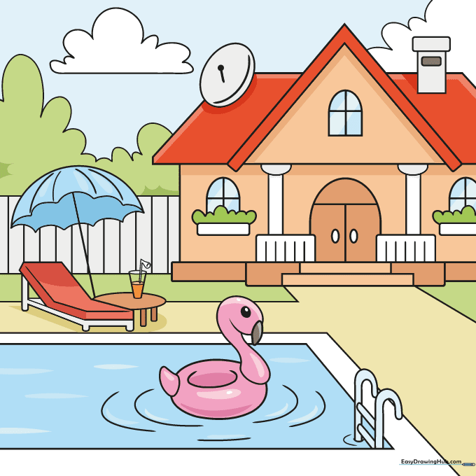 A fully colored, vibrant drawing of a house with a swimming pool and backyard.