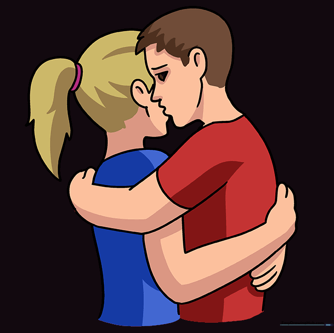 Fully colored cartoon illustration of a couple sharing a hug.