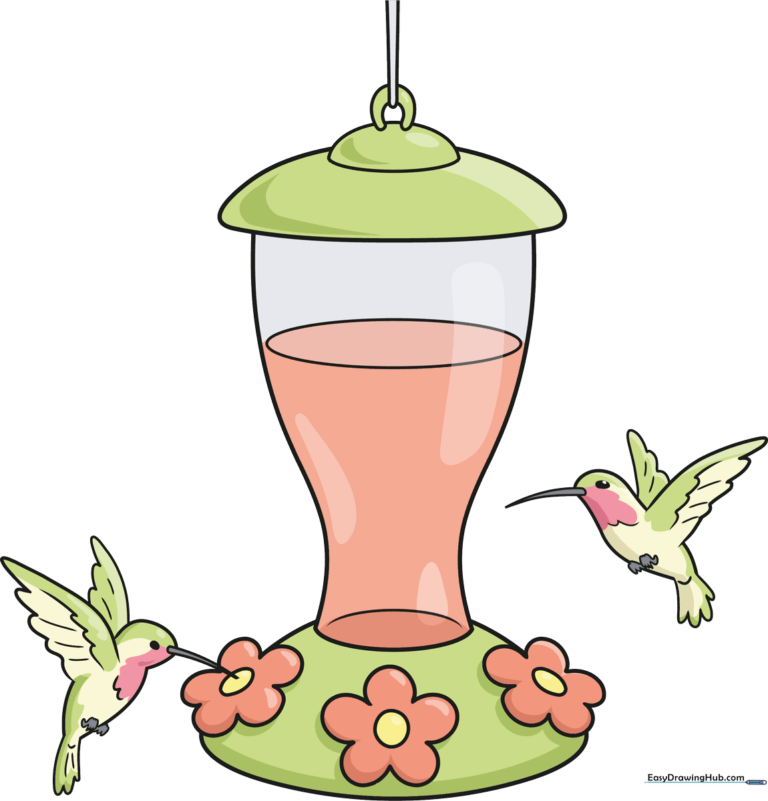 Colorful, finished drawing of a hummingbird feeder with two birds, perfect for nature art projects.