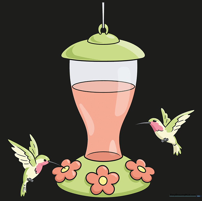 A fully colored, vibrant illustration of a hummingbird feeder with two ruby-throated hummingbirds.