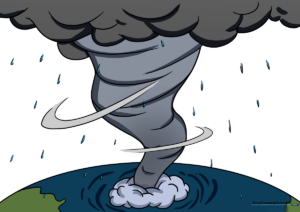 A completed, colored illustration of a powerful hurricane over the ocean.