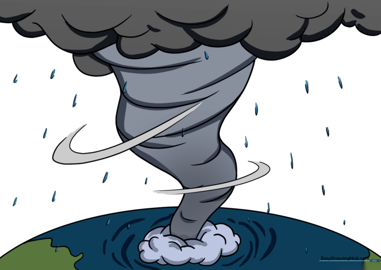 A completed, colored illustration of a powerful hurricane over the ocean.
