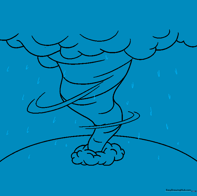 Small V and L shaped marks scattered around the hurricane to depict heavy rain.
