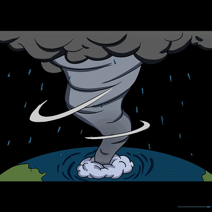 A fully colored hurricane drawing with shades of grey, blue, and white.