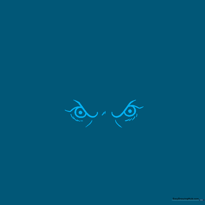Close-up sketch of husky dog eyes with furrowed brows and circular pupils on white paper.